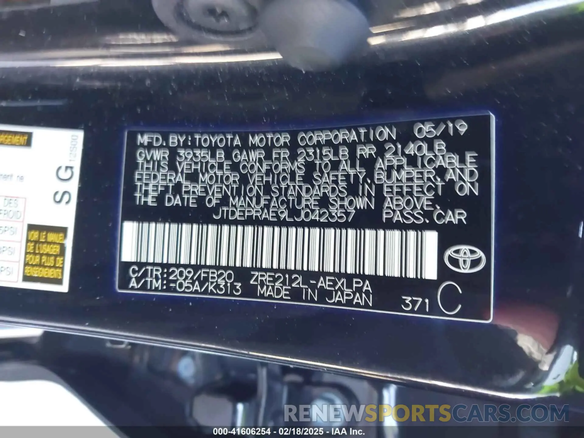 9 Photograph of a damaged car JTDEPRAE9LJ042357 TOYOTA COROLLA 2020