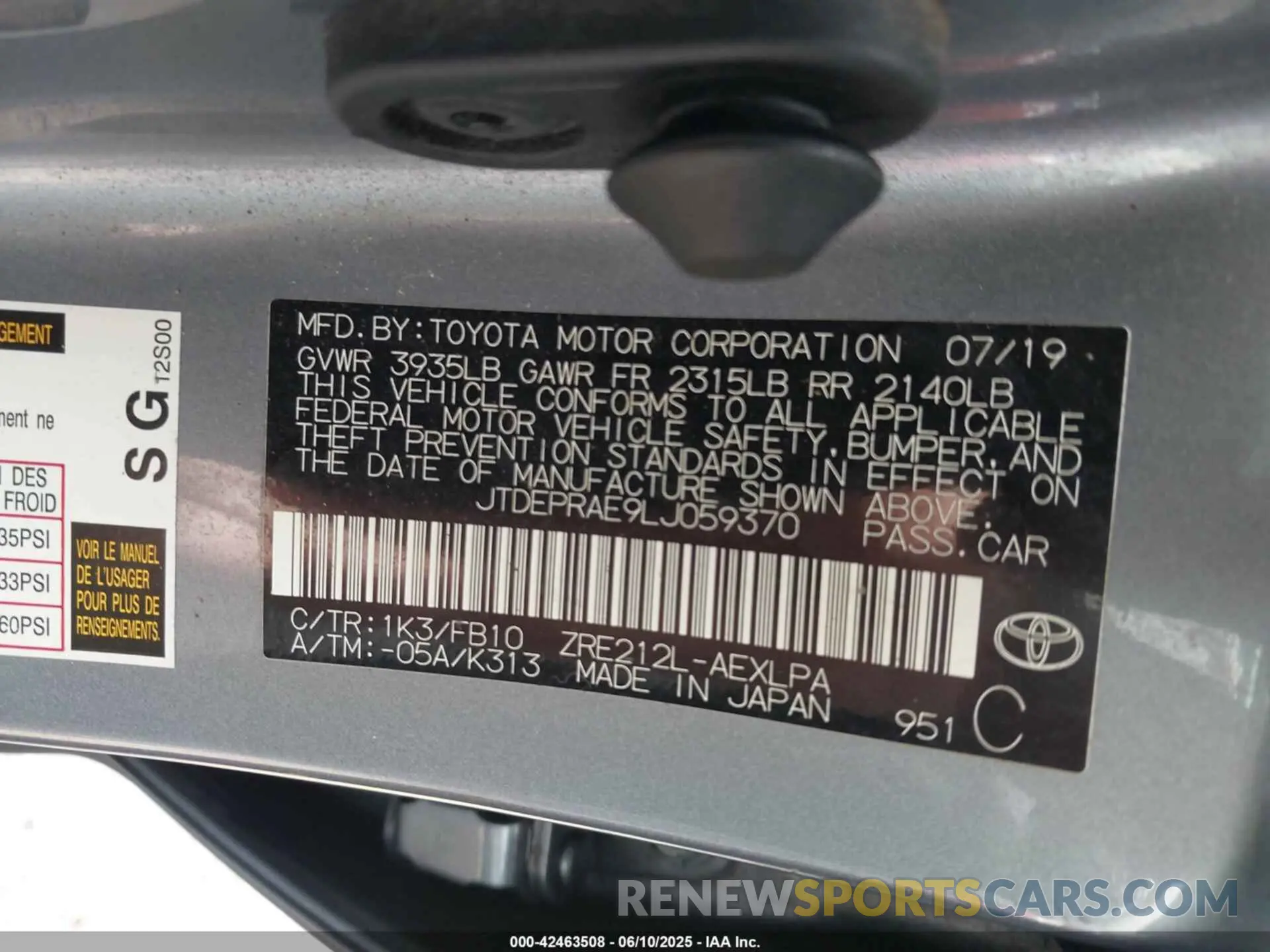9 Photograph of a damaged car JTDEPRAE9LJ059370 TOYOTA COROLLA 2020