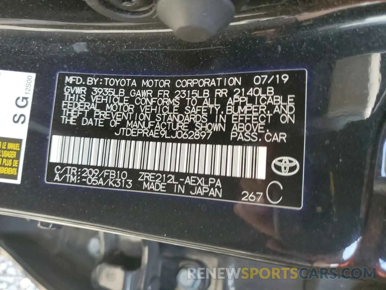 13 Photograph of a damaged car JTDEPRAE9LJ062897 TOYOTA COROLLA 2020
