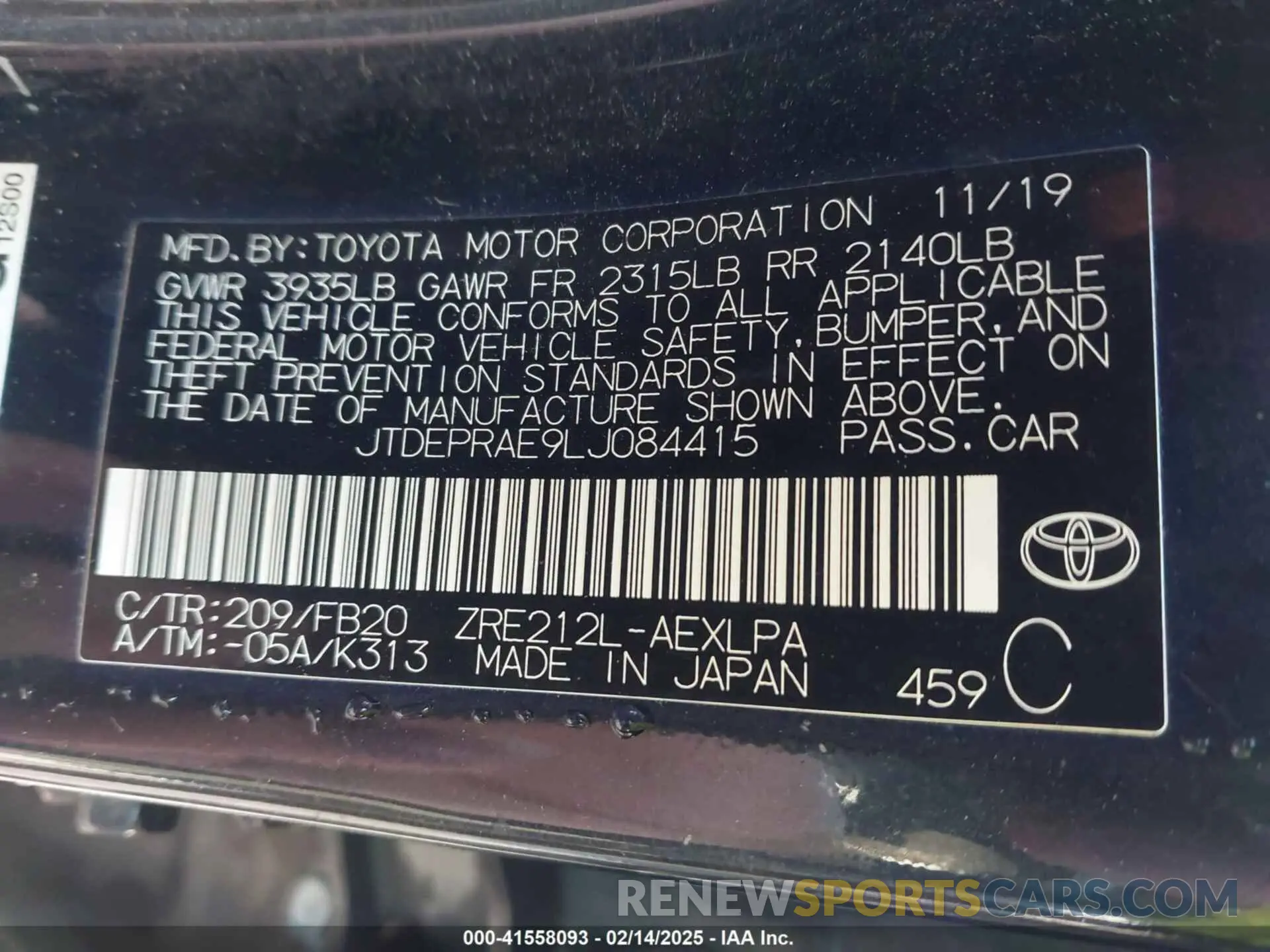 9 Photograph of a damaged car JTDEPRAE9LJ084415 TOYOTA COROLLA 2020
