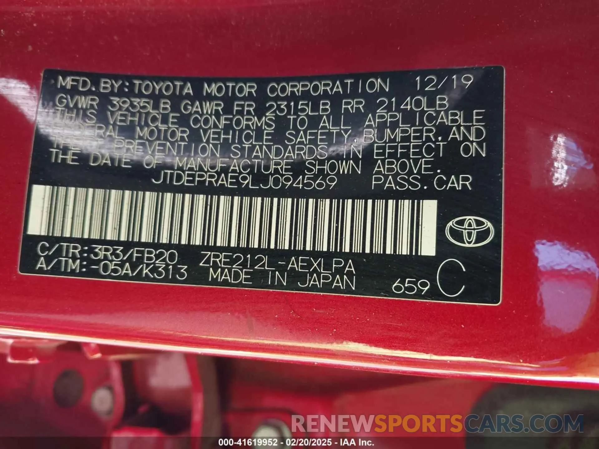 9 Photograph of a damaged car JTDEPRAE9LJ094569 TOYOTA COROLLA 2020