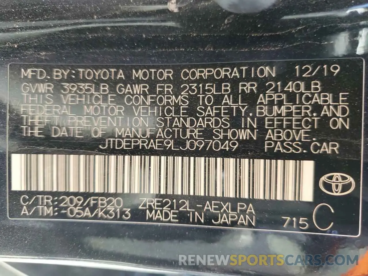 12 Photograph of a damaged car JTDEPRAE9LJ097049 TOYOTA COROLLA 2020