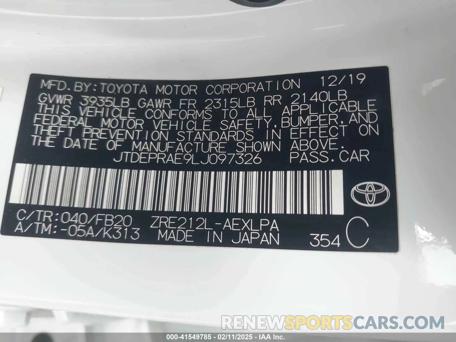9 Photograph of a damaged car JTDEPRAE9LJ097326 TOYOTA COROLLA 2020