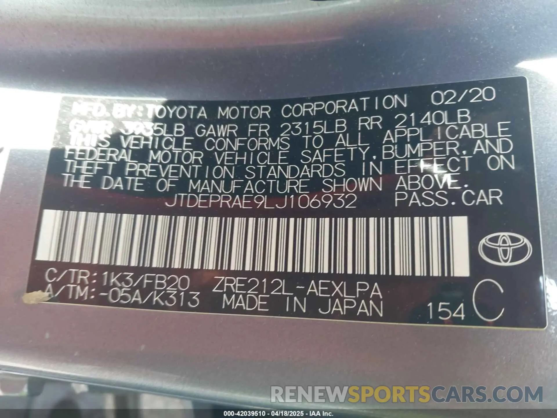 9 Photograph of a damaged car JTDEPRAE9LJ106932 TOYOTA COROLLA 2020