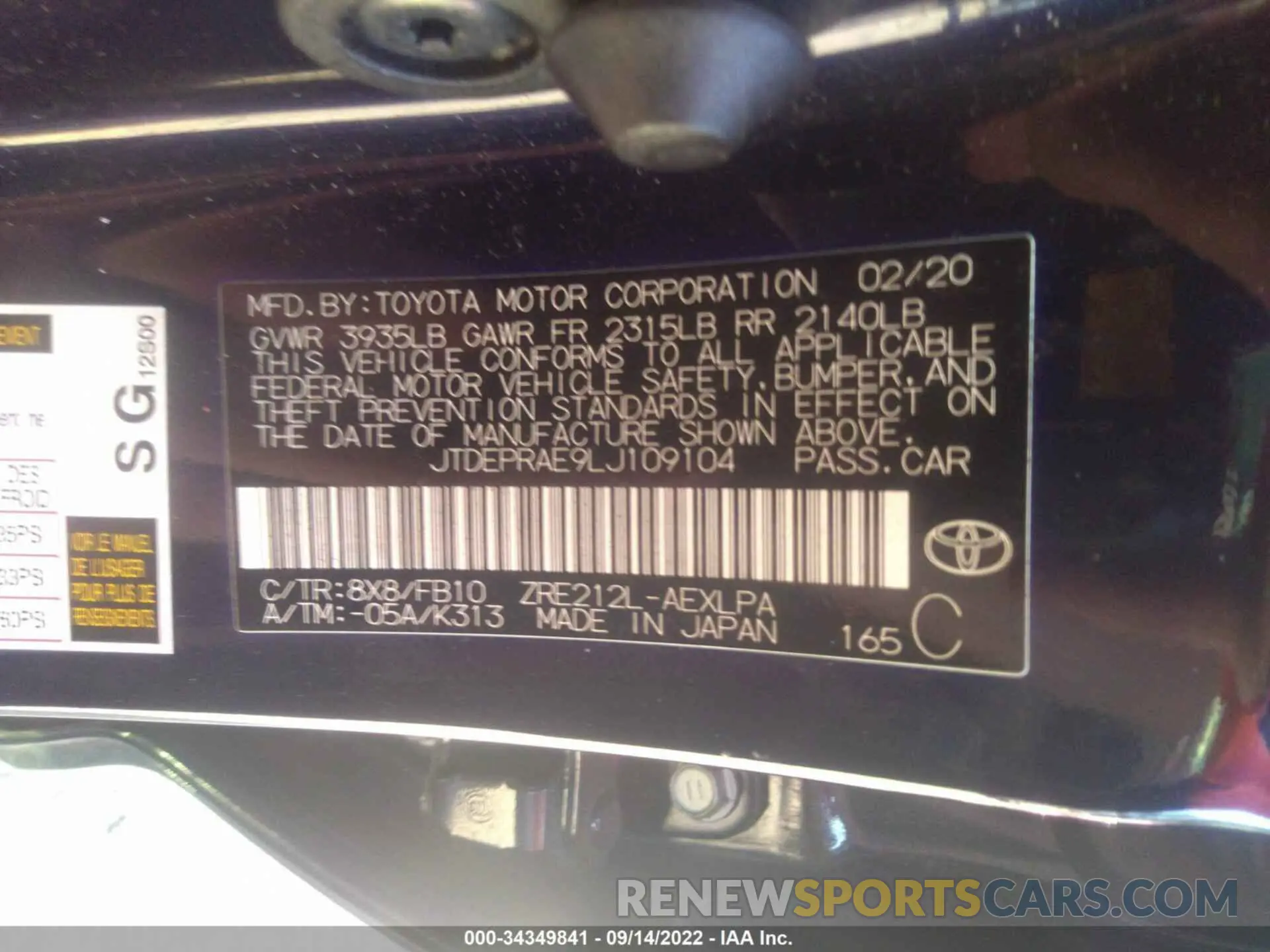 9 Photograph of a damaged car JTDEPRAE9LJ109104 TOYOTA COROLLA 2020