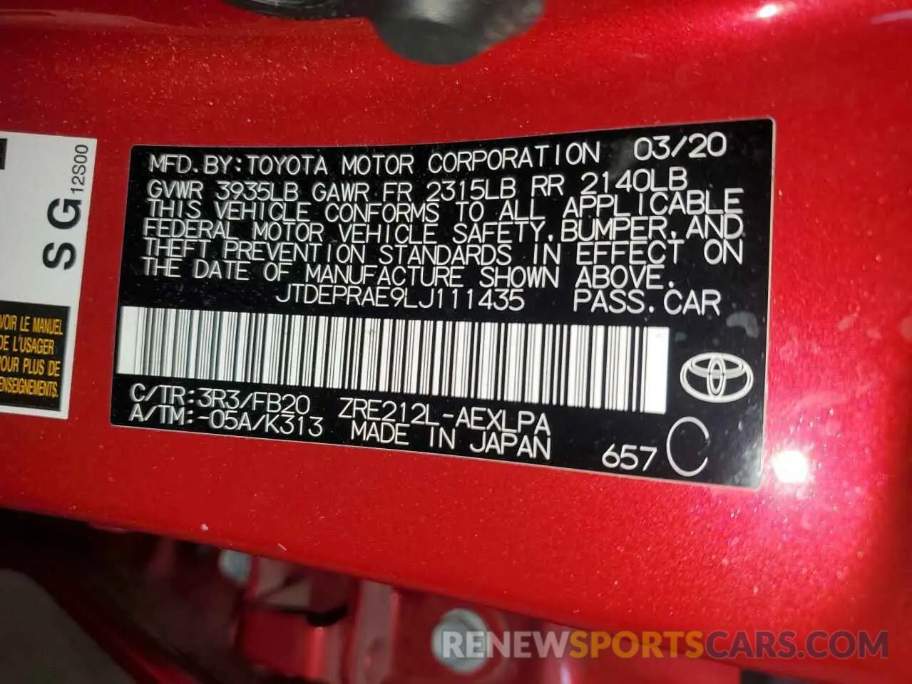 14 Photograph of a damaged car JTDEPRAE9LJ111435 TOYOTA COROLLA 2020