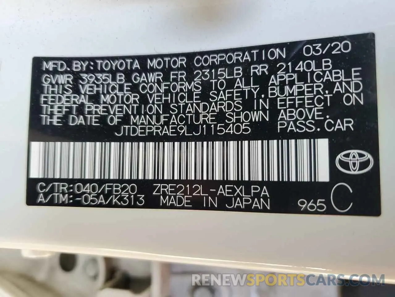 14 Photograph of a damaged car JTDEPRAE9LJ115405 TOYOTA COROLLA 2020
