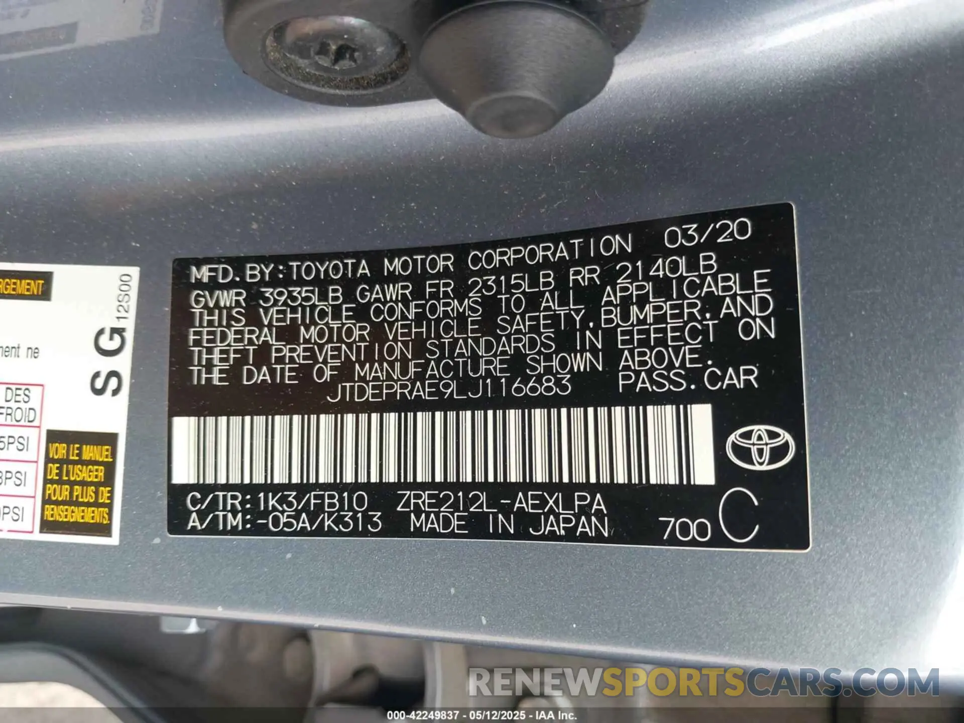 9 Photograph of a damaged car JTDEPRAE9LJ116683 TOYOTA COROLLA 2020