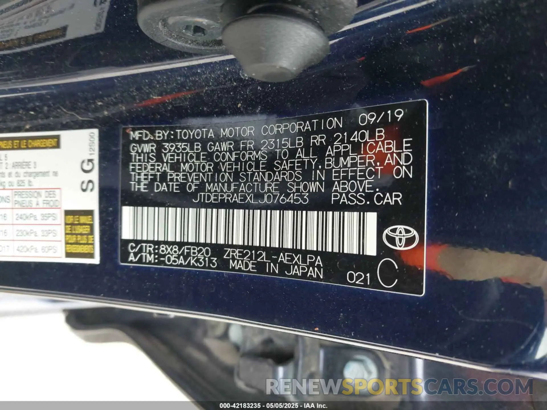 9 Photograph of a damaged car JTDEPRAEXLJ076453 TOYOTA COROLLA 2020