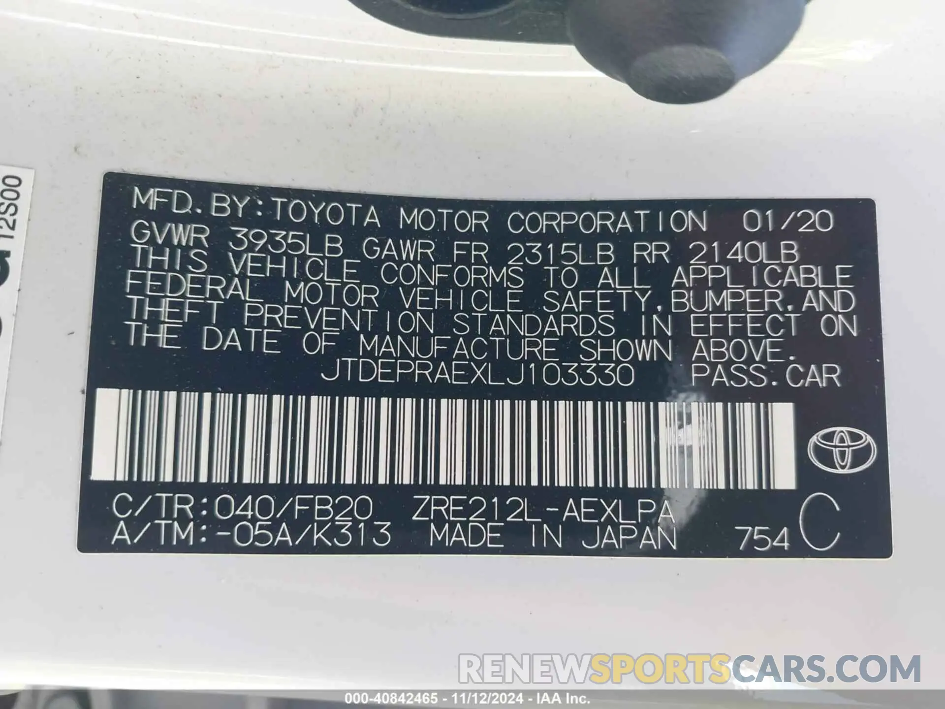 9 Photograph of a damaged car JTDEPRAEXLJ103330 TOYOTA COROLLA 2020