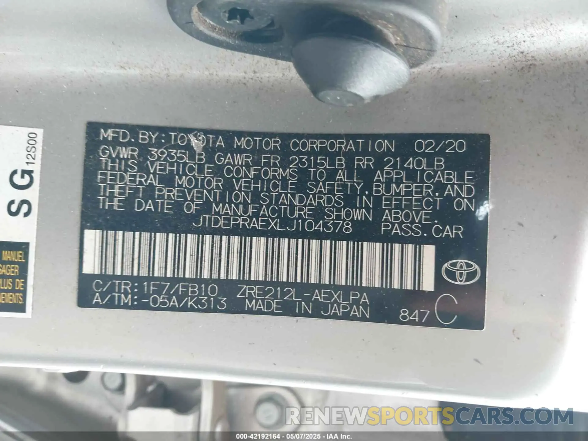 9 Photograph of a damaged car JTDEPRAEXLJ104378 TOYOTA COROLLA 2020