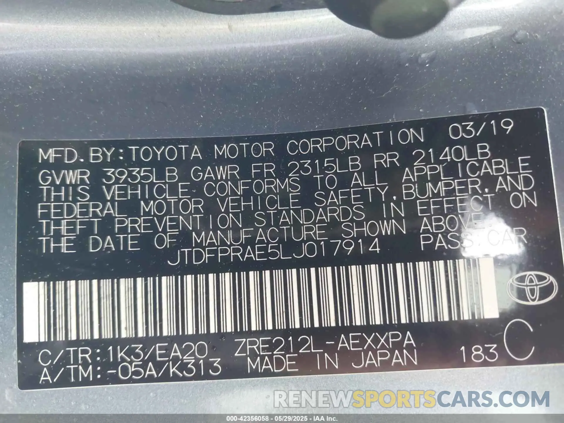 9 Photograph of a damaged car JTDFPRAE5LJ017914 TOYOTA COROLLA 2020