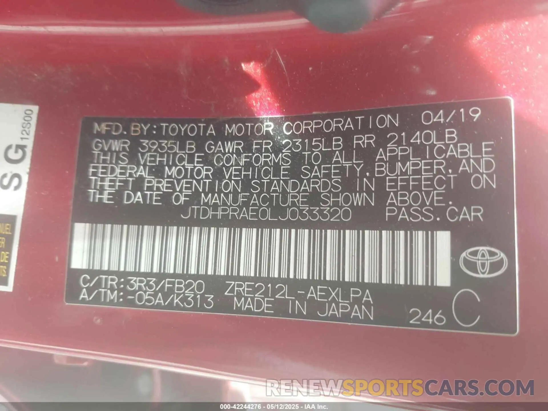 9 Photograph of a damaged car JTDHPRAE0LJ033320 TOYOTA COROLLA 2020