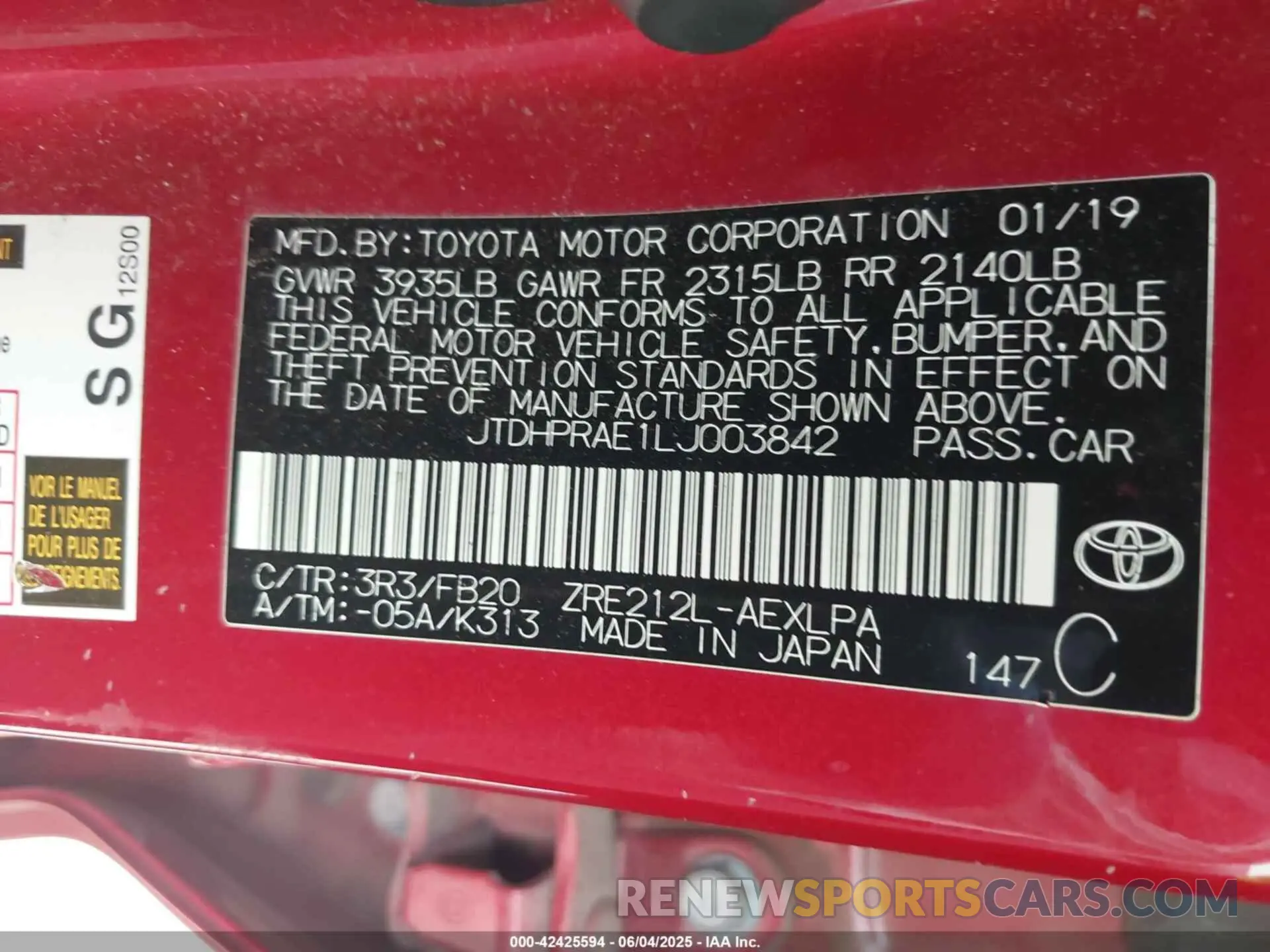 9 Photograph of a damaged car JTDHPRAE1LJ003842 TOYOTA COROLLA 2020