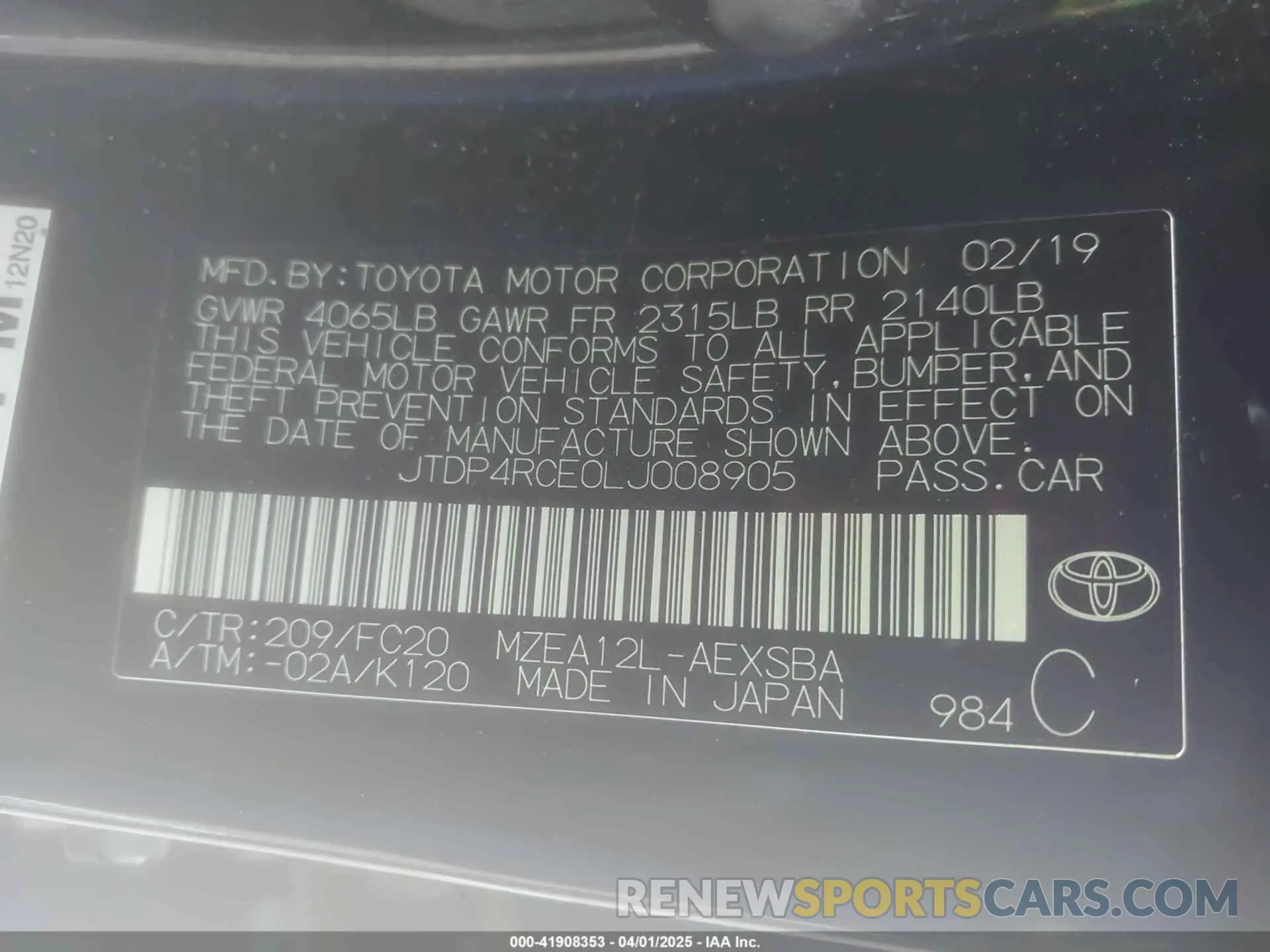 9 Photograph of a damaged car JTDP4RCE0LJ008905 TOYOTA COROLLA 2020