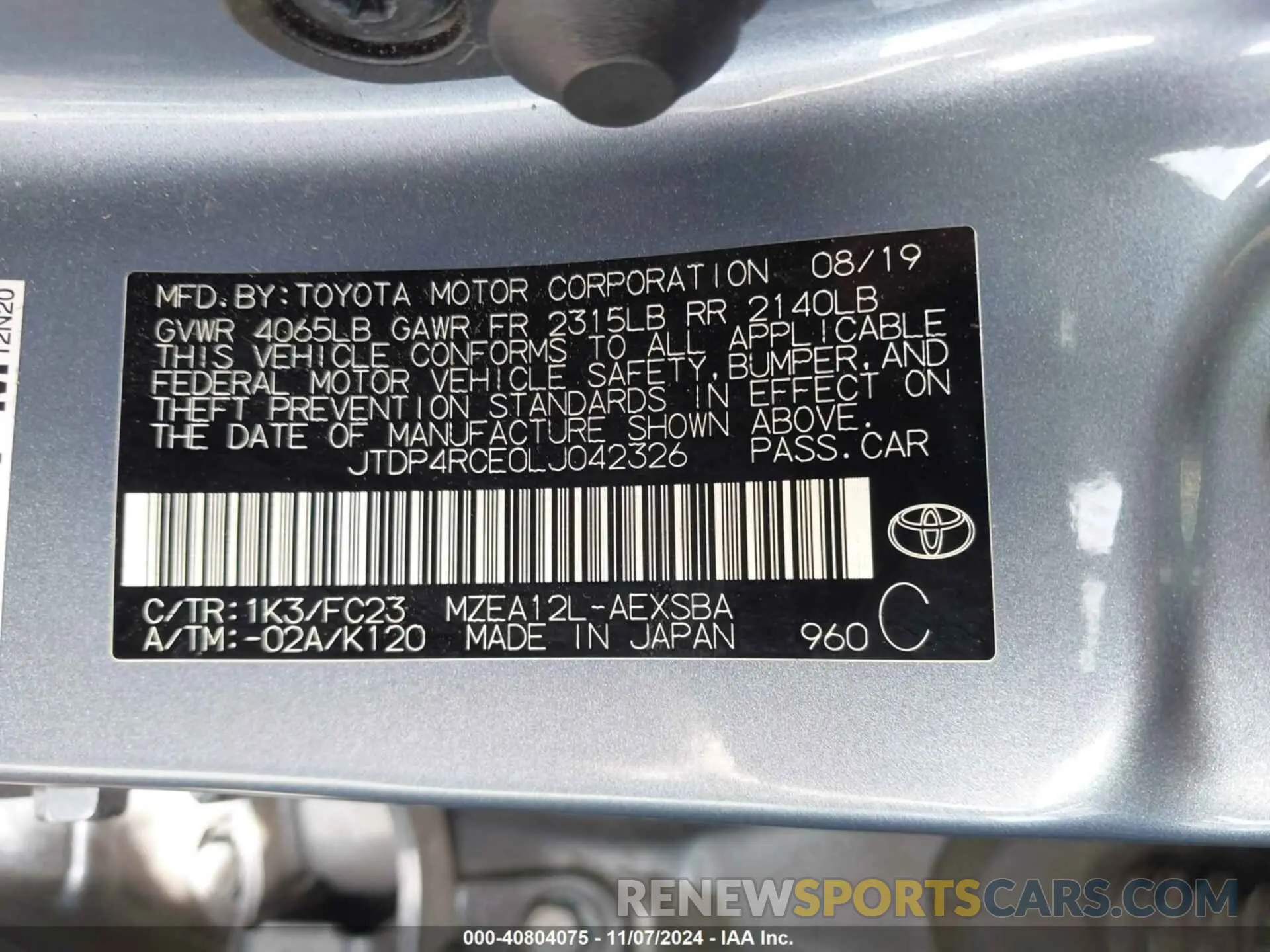 9 Photograph of a damaged car JTDP4RCE0LJ042326 TOYOTA COROLLA 2020