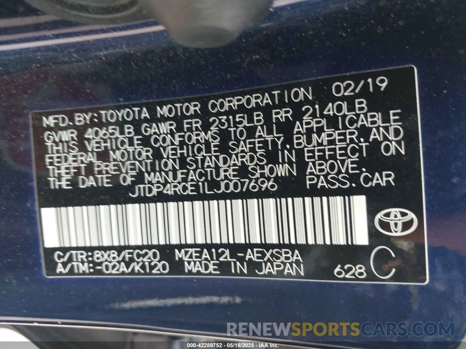9 Photograph of a damaged car JTDP4RCE1LJ007696 TOYOTA COROLLA 2020