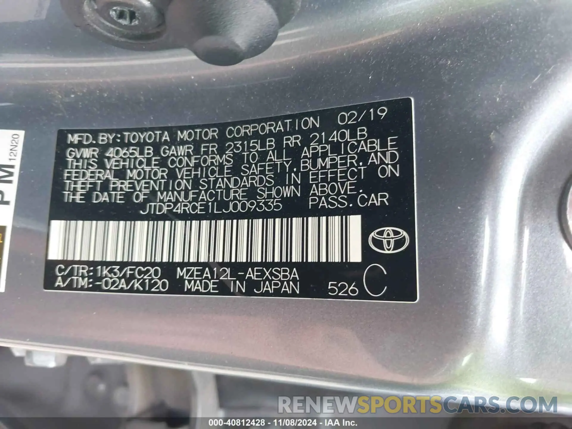 9 Photograph of a damaged car JTDP4RCE1LJ009335 TOYOTA COROLLA 2020