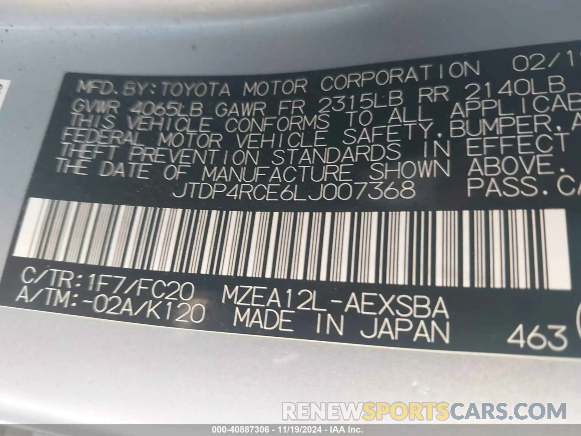 9 Photograph of a damaged car JTDP4RCE6LJ007368 TOYOTA COROLLA 2020