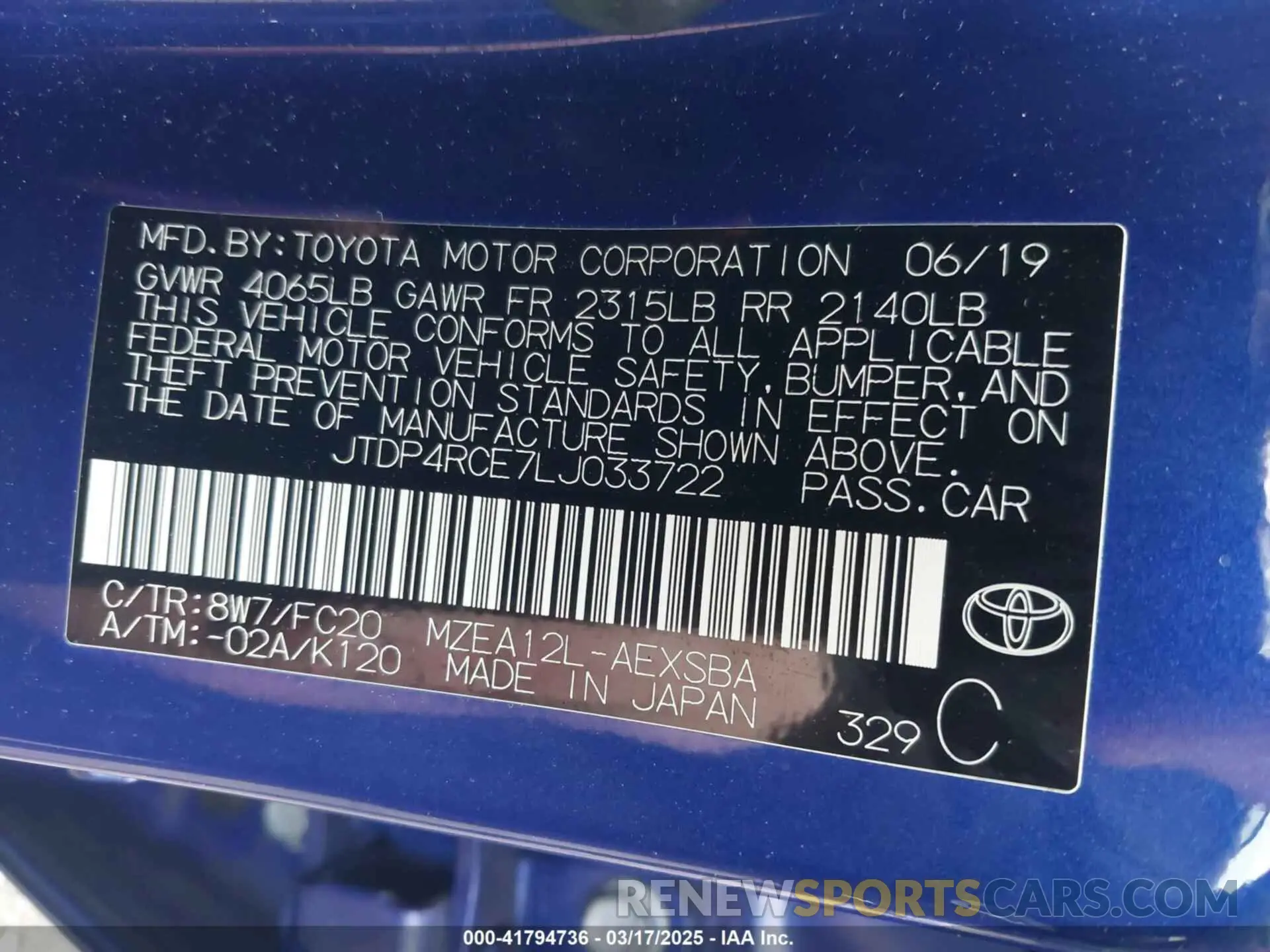 9 Photograph of a damaged car JTDP4RCE7LJ033722 TOYOTA COROLLA 2020