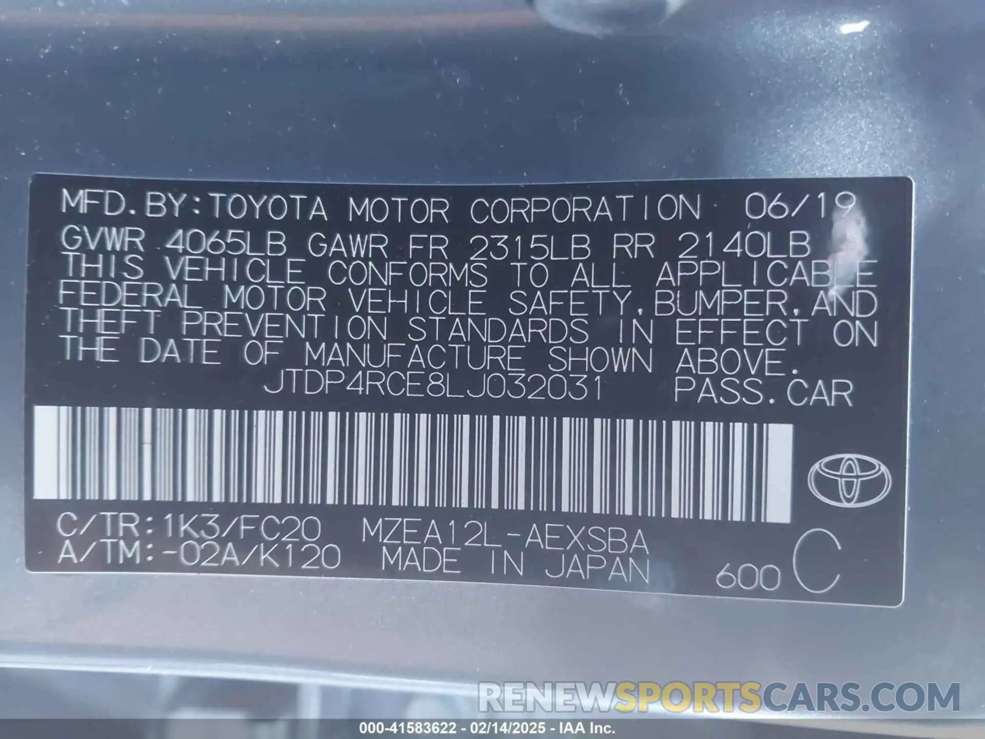 9 Photograph of a damaged car JTDP4RCE8LJ032031 TOYOTA COROLLA 2020
