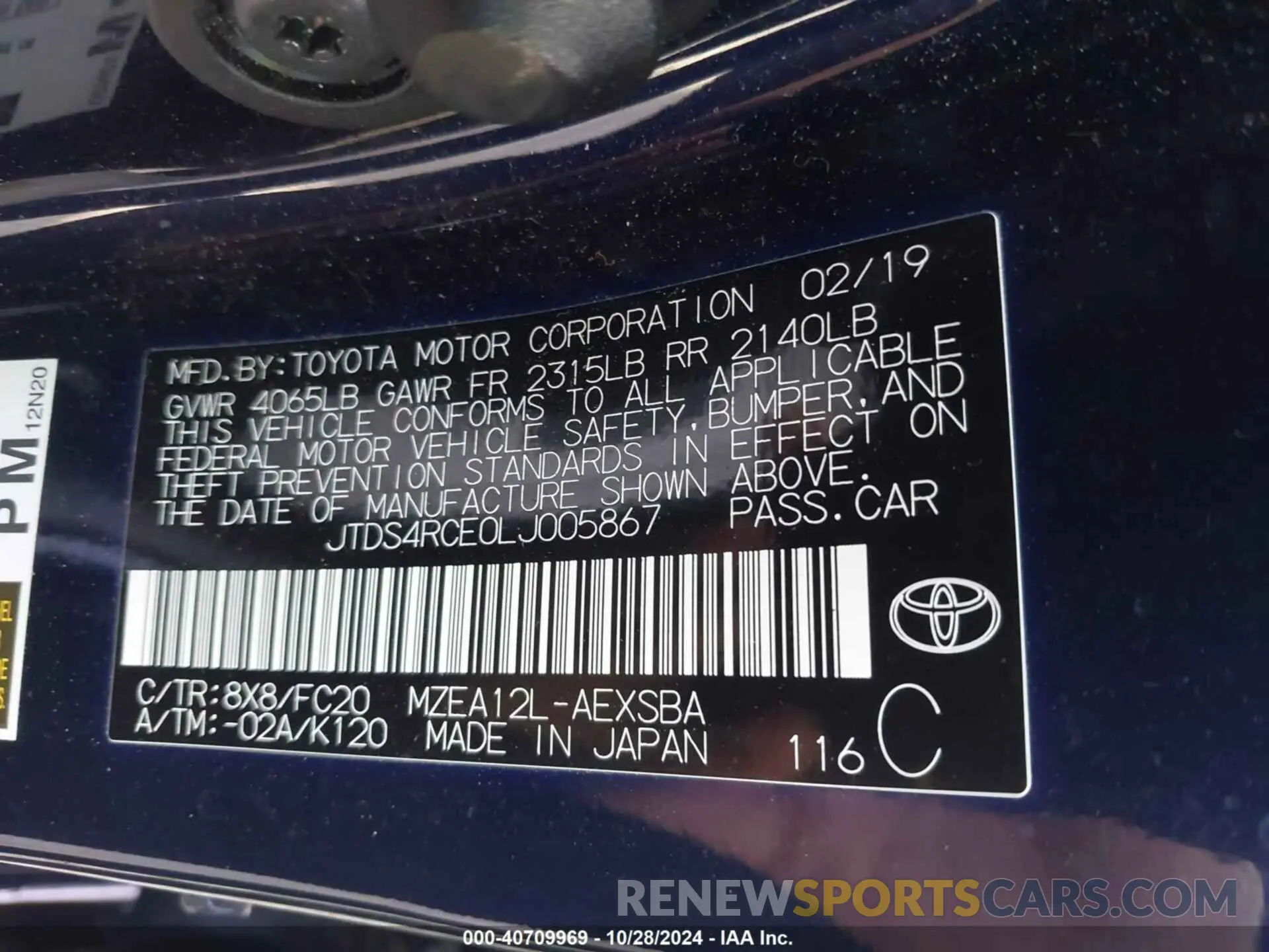 9 Photograph of a damaged car JTDS4RCE0LJ005867 TOYOTA COROLLA 2020