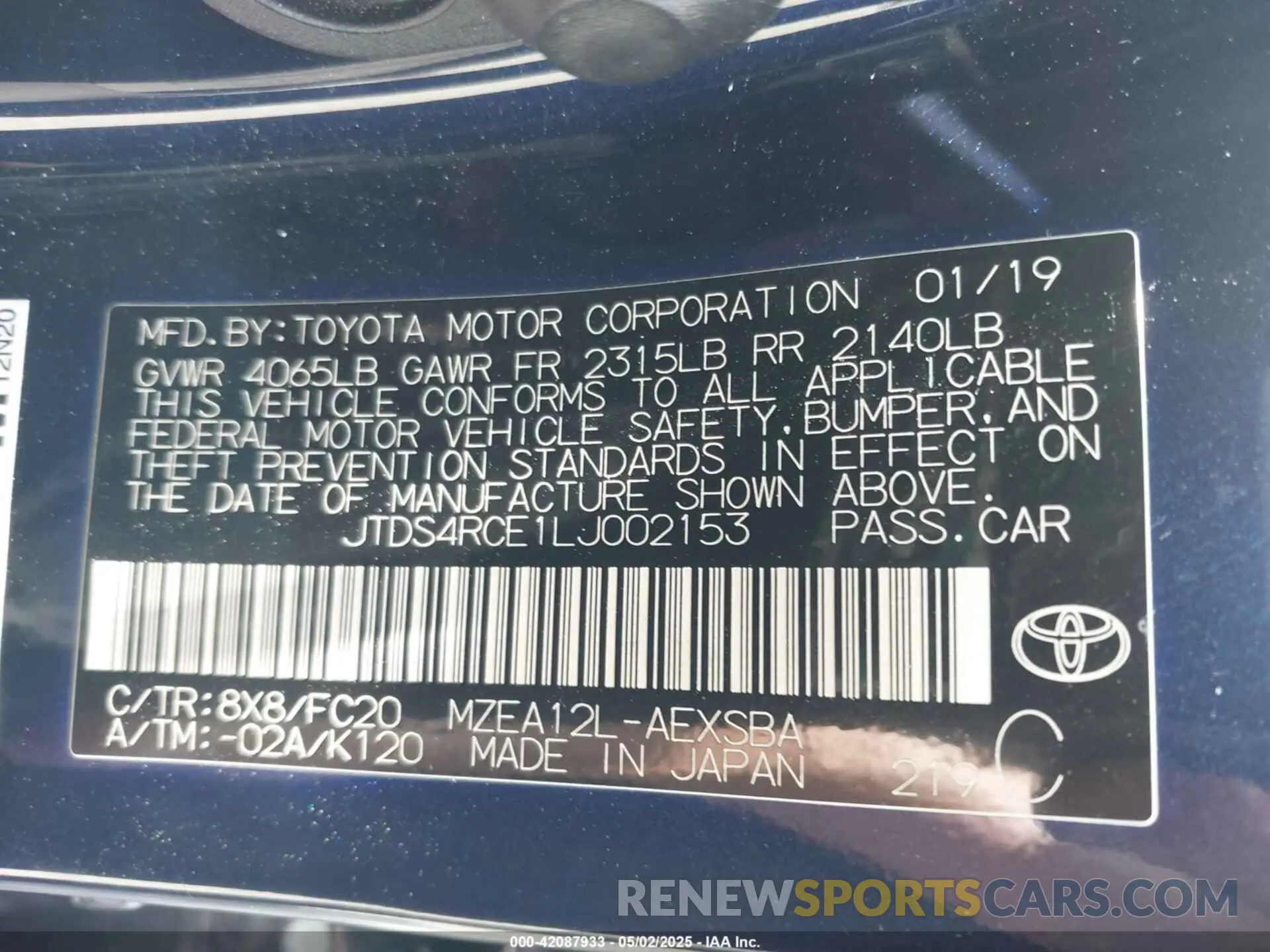 9 Photograph of a damaged car JTDS4RCE1LJ002153 TOYOTA COROLLA 2020