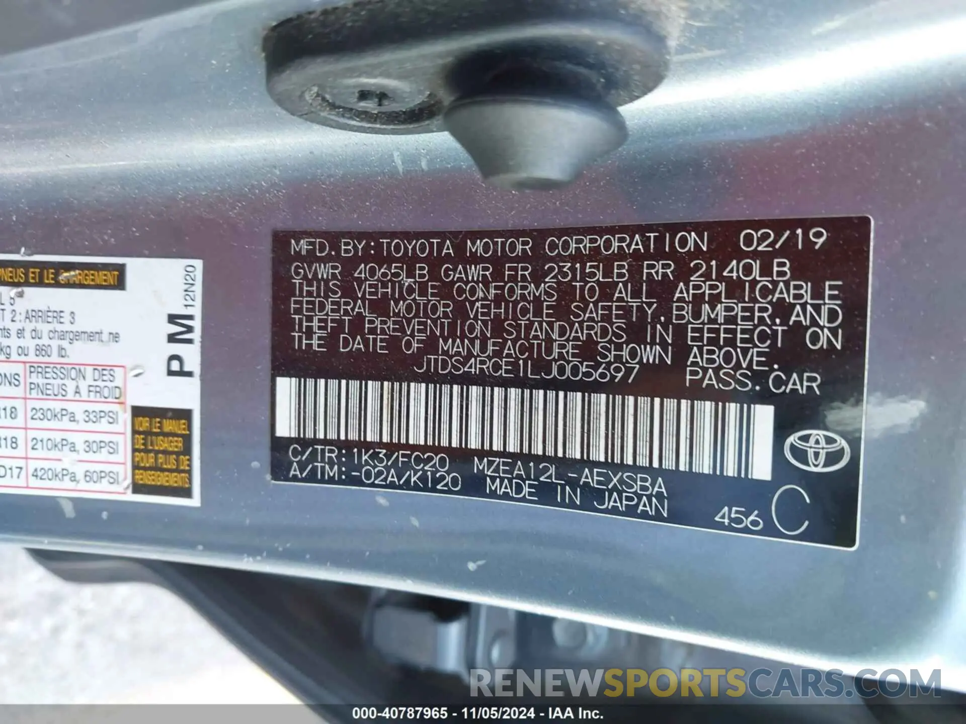 9 Photograph of a damaged car JTDS4RCE1LJ005697 TOYOTA COROLLA 2020