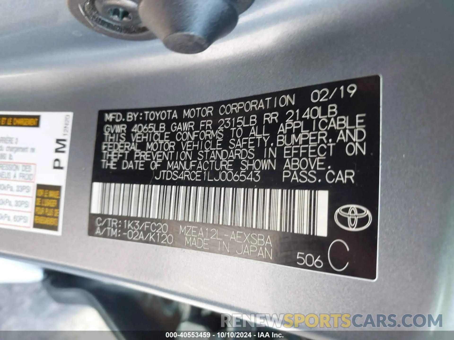 9 Photograph of a damaged car JTDS4RCE1LJ006543 TOYOTA COROLLA 2020