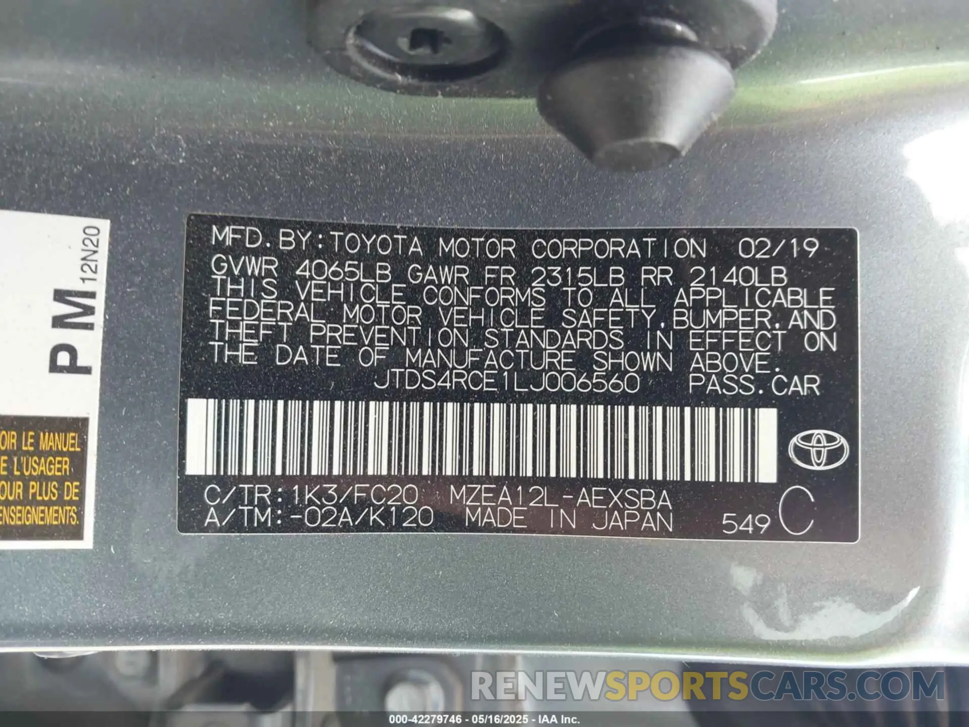 9 Photograph of a damaged car JTDS4RCE1LJ006560 TOYOTA COROLLA 2020