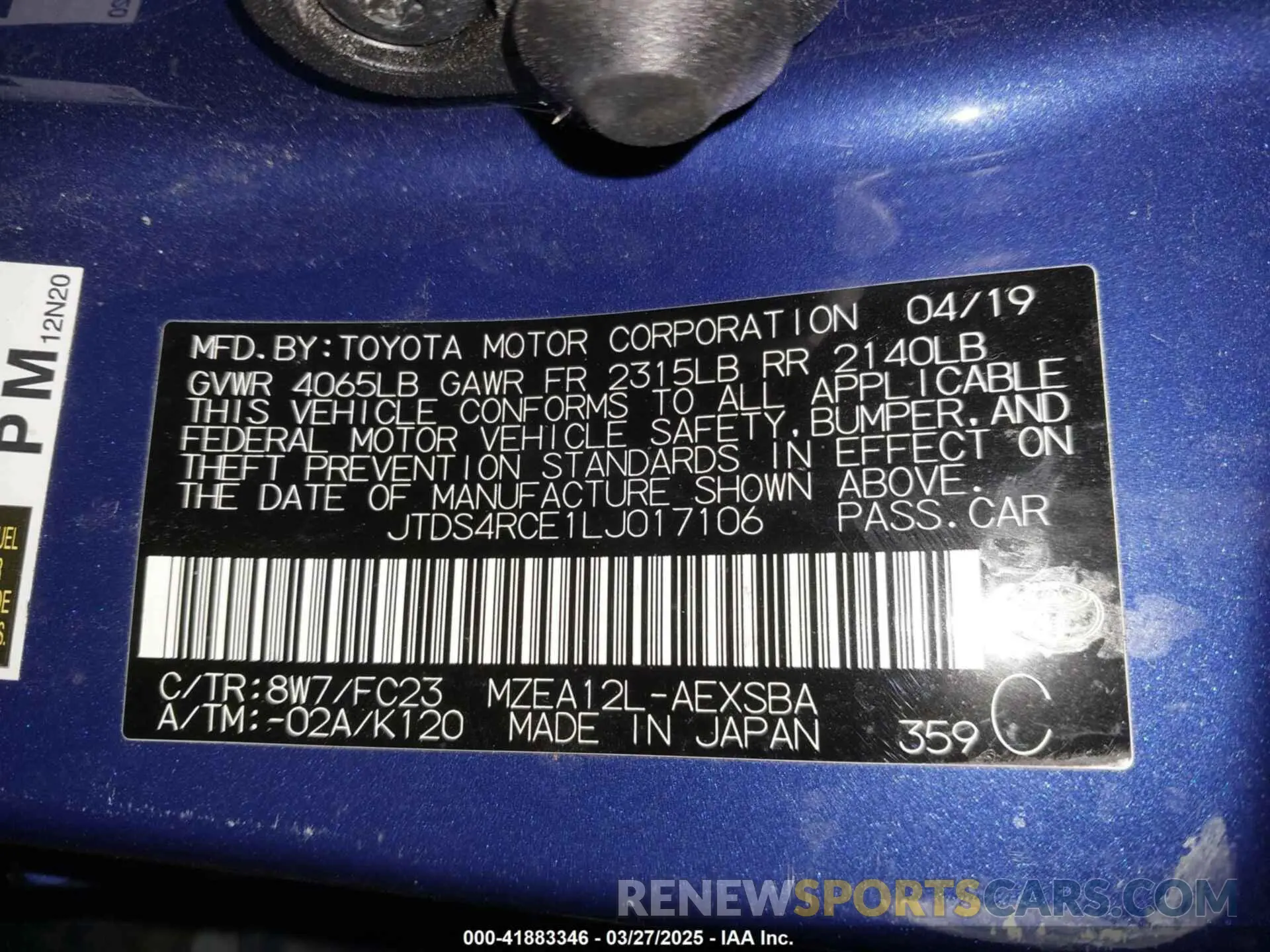 9 Photograph of a damaged car JTDS4RCE1LJ017106 TOYOTA COROLLA 2020