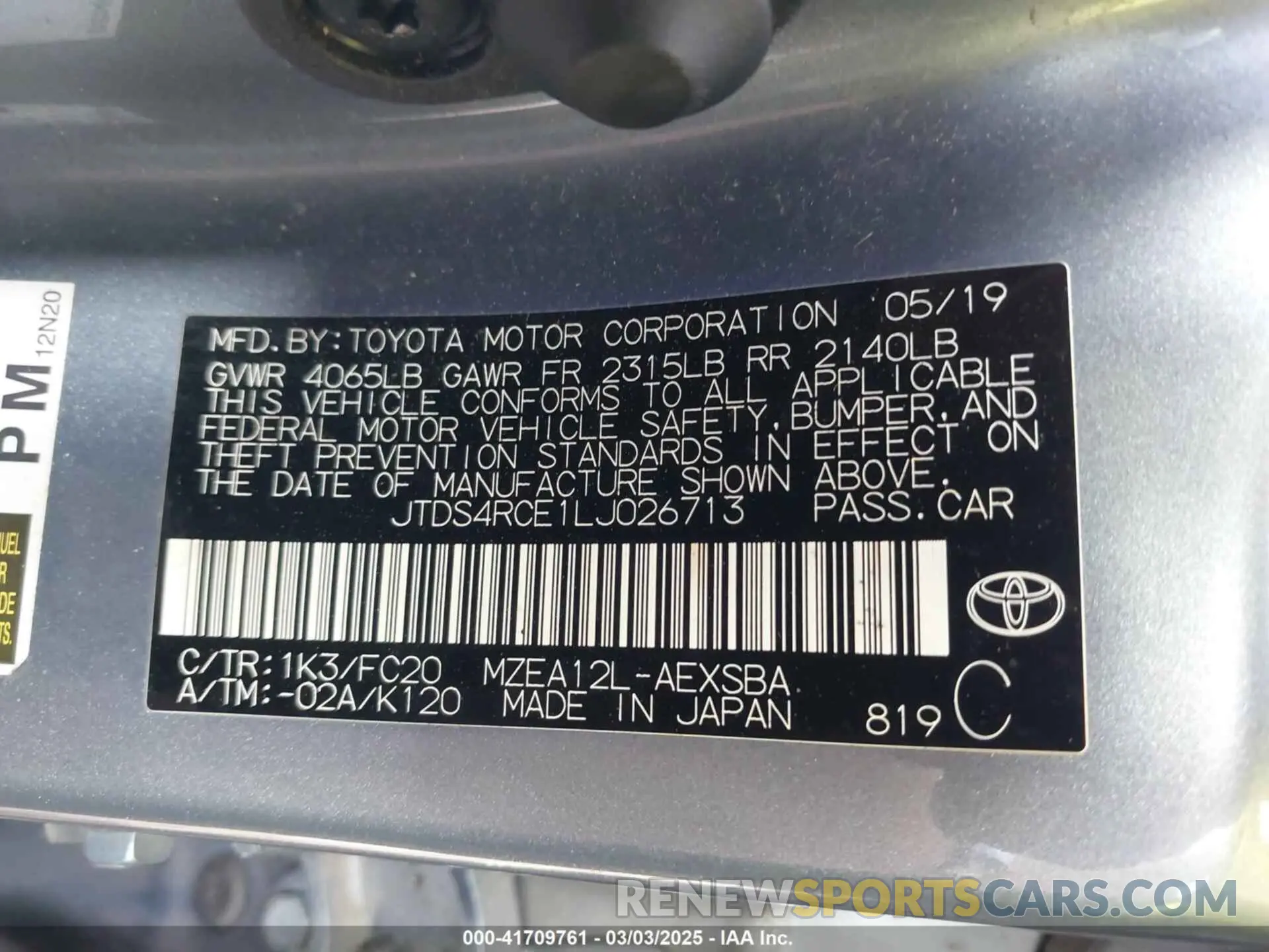 9 Photograph of a damaged car JTDS4RCE1LJ026713 TOYOTA COROLLA 2020