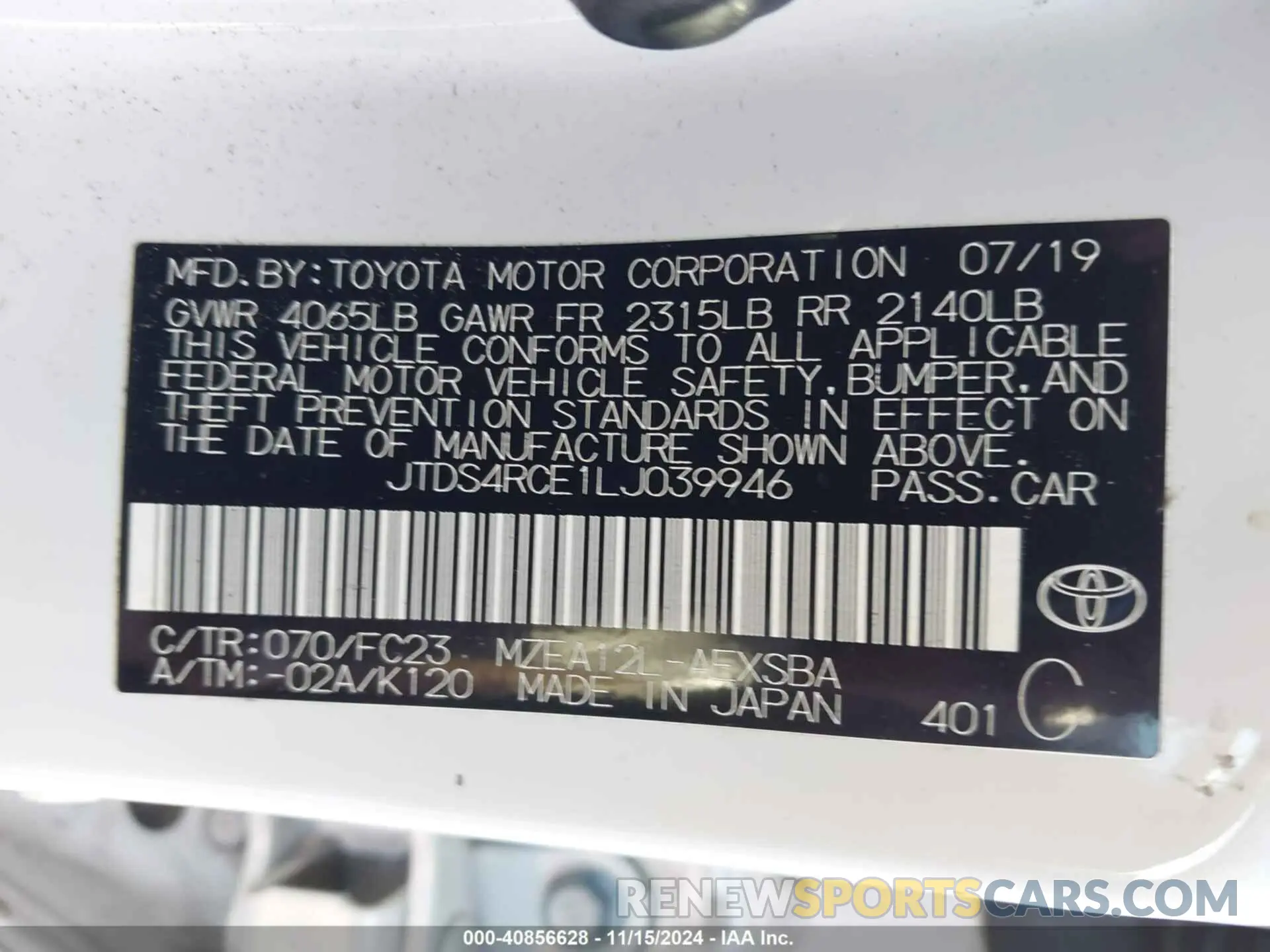 9 Photograph of a damaged car JTDS4RCE1LJ039946 TOYOTA COROLLA 2020