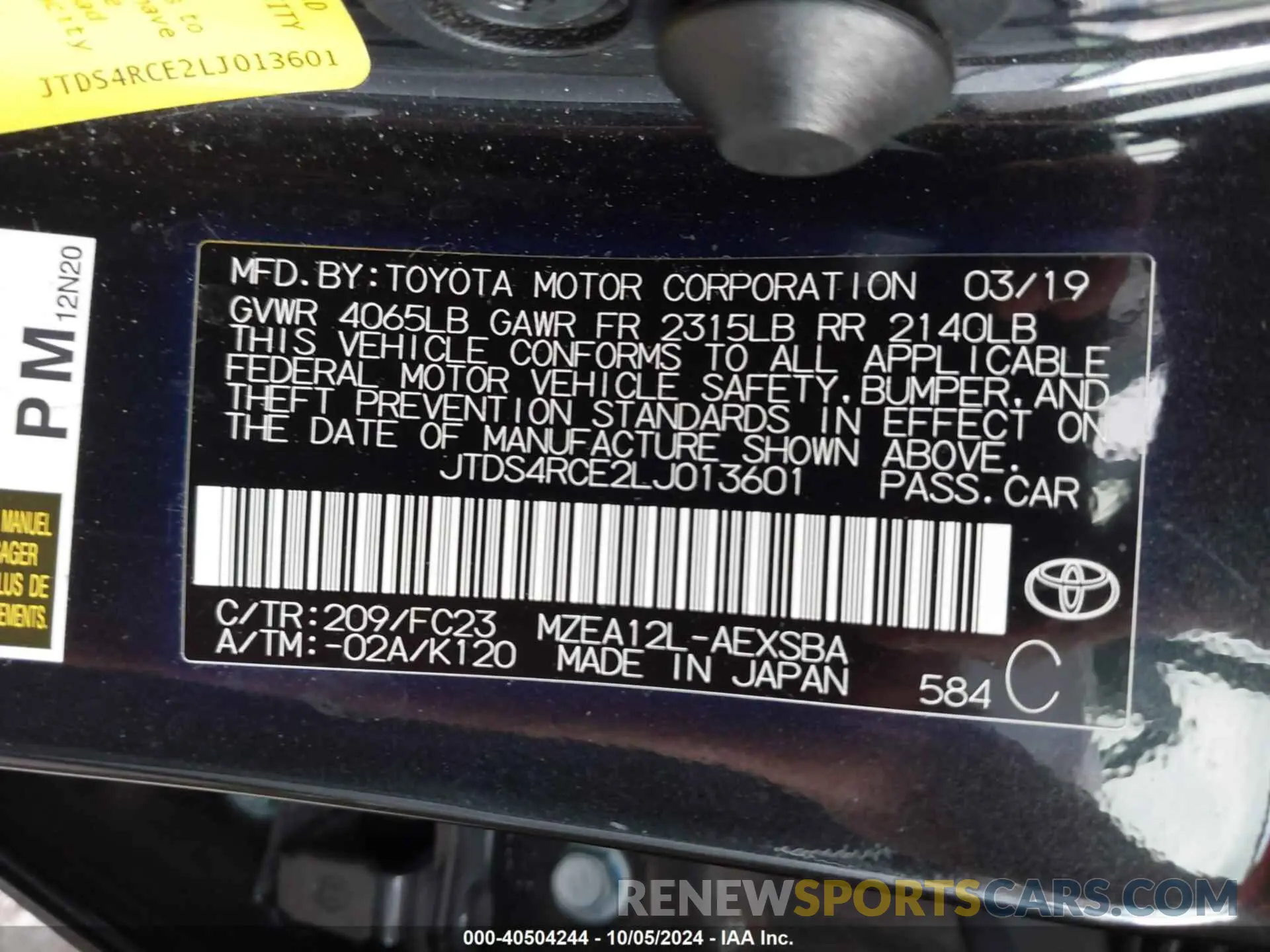 9 Photograph of a damaged car JTDS4RCE2LJ013601 TOYOTA COROLLA 2020
