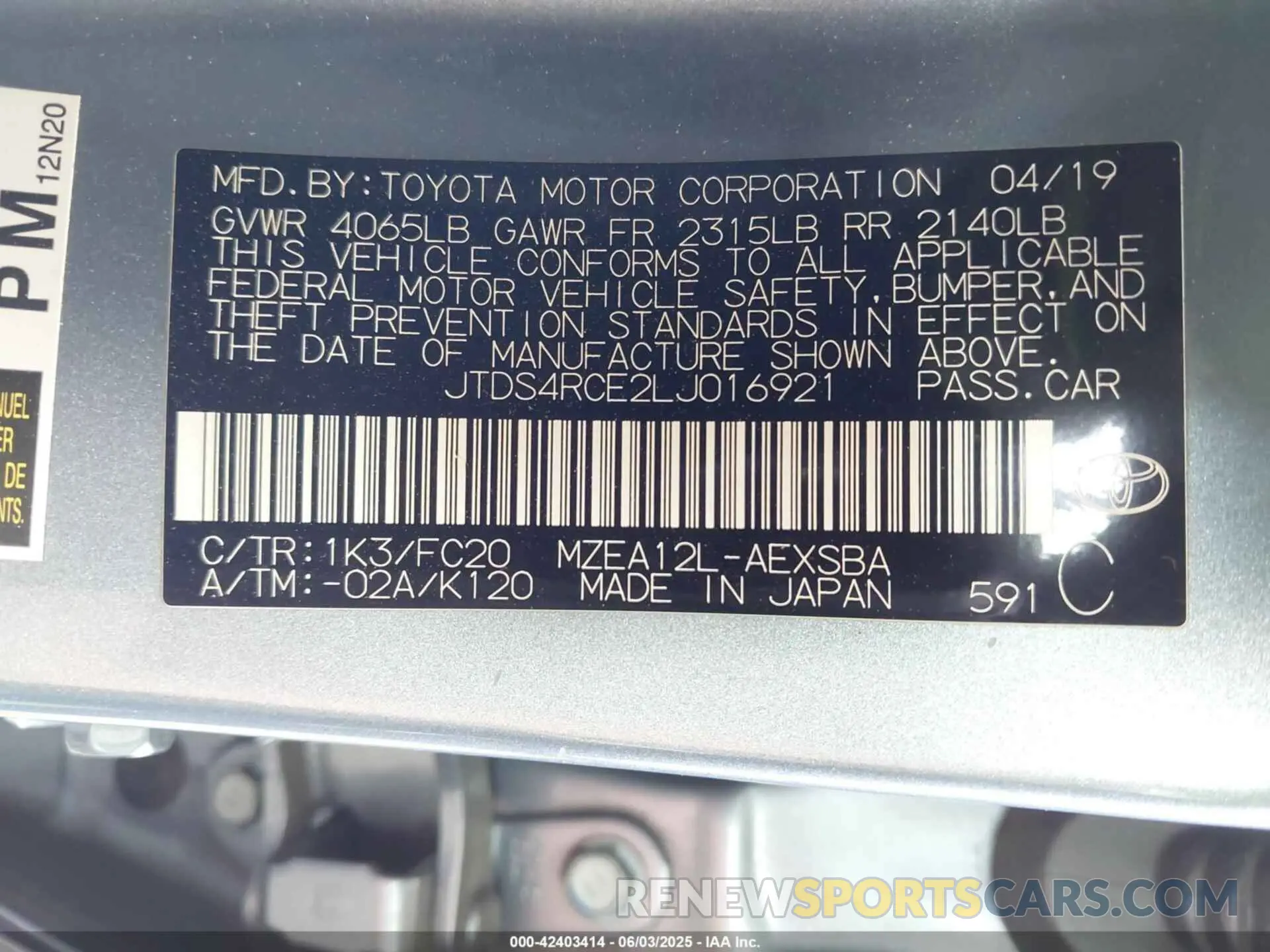 9 Photograph of a damaged car JTDS4RCE2LJ016921 TOYOTA COROLLA 2020