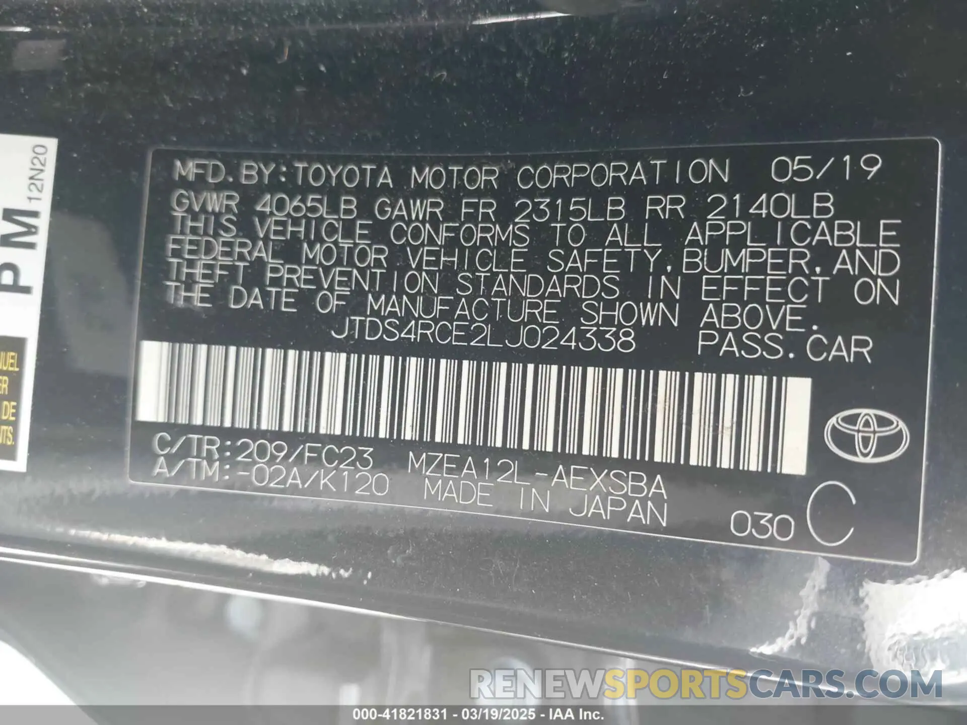 9 Photograph of a damaged car JTDS4RCE2LJ024338 TOYOTA COROLLA 2020