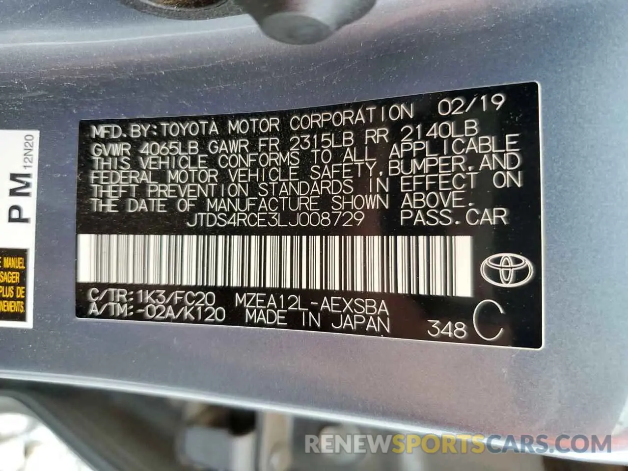 12 Photograph of a damaged car JTDS4RCE3LJ008729 TOYOTA COROLLA 2020