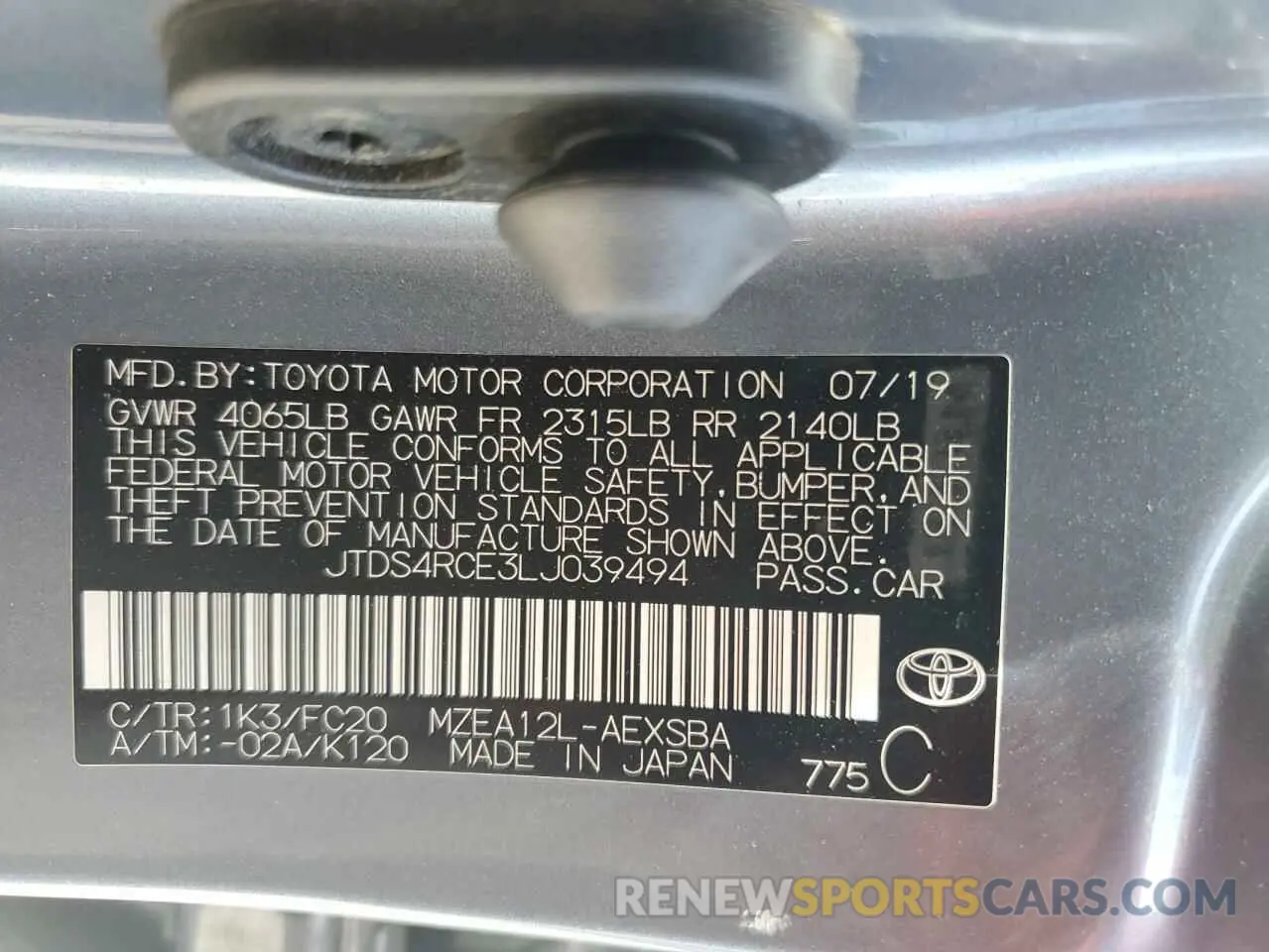 12 Photograph of a damaged car JTDS4RCE3LJ039494 TOYOTA COROLLA 2020