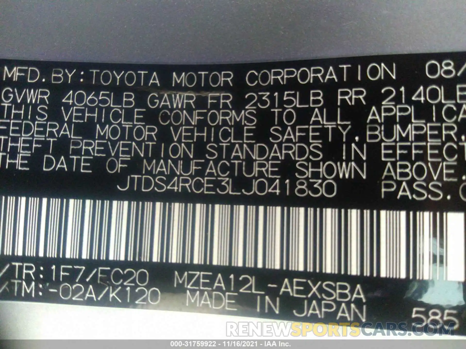 9 Photograph of a damaged car JTDS4RCE3LJ041830 TOYOTA COROLLA 2020