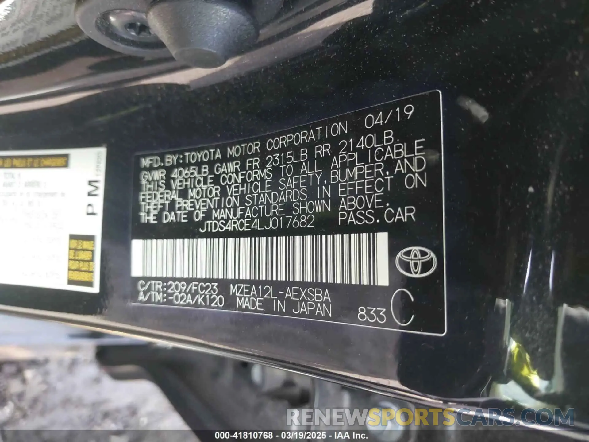 9 Photograph of a damaged car JTDS4RCE4LJ017682 TOYOTA COROLLA 2020