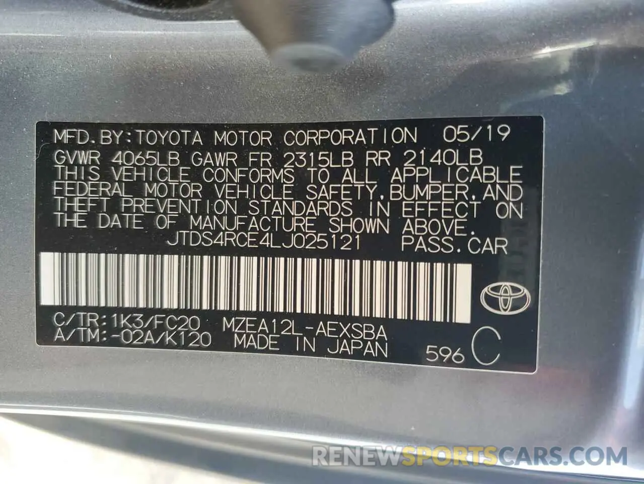 12 Photograph of a damaged car JTDS4RCE4LJ025121 TOYOTA COROLLA 2020
