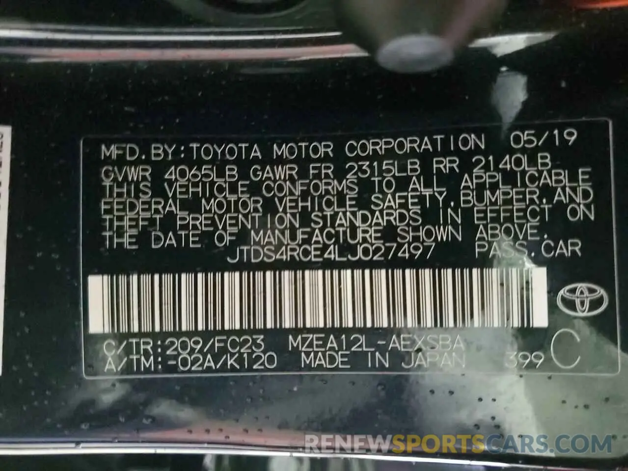 12 Photograph of a damaged car JTDS4RCE4LJ027497 TOYOTA COROLLA 2020