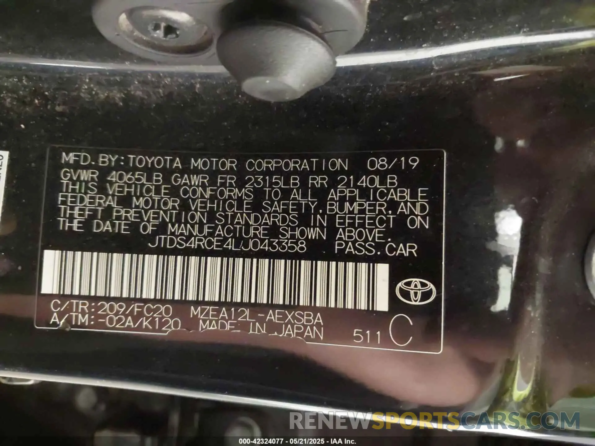 9 Photograph of a damaged car JTDS4RCE4LJ043358 TOYOTA COROLLA 2020