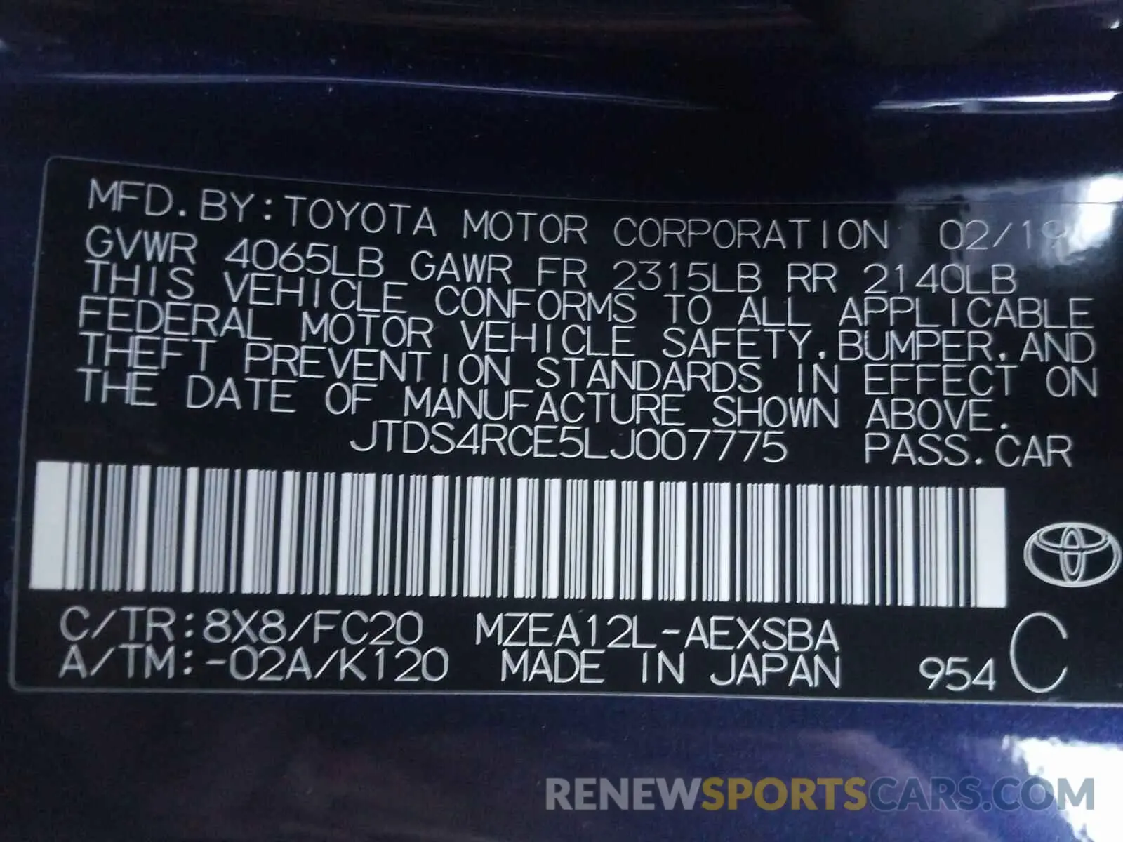 10 Photograph of a damaged car JTDS4RCE5LJ007775 TOYOTA COROLLA 2020