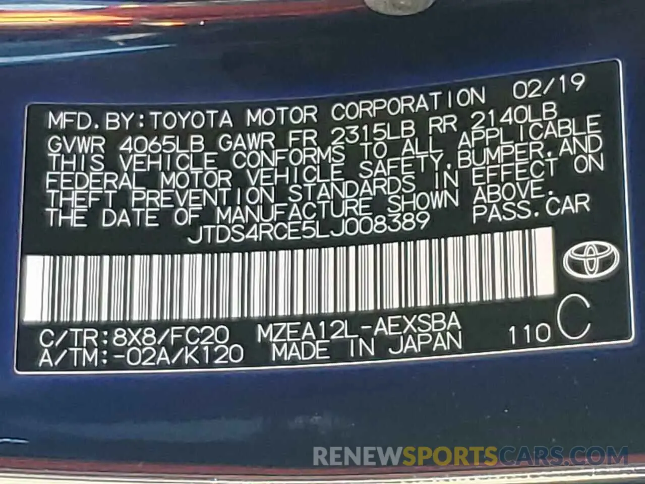 13 Photograph of a damaged car JTDS4RCE5LJ008389 TOYOTA COROLLA 2020