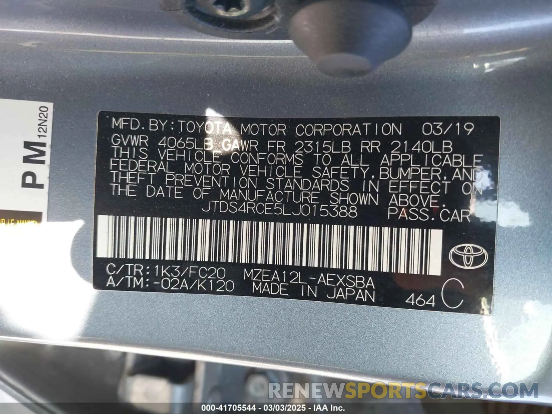 9 Photograph of a damaged car JTDS4RCE5LJ015388 TOYOTA COROLLA 2020