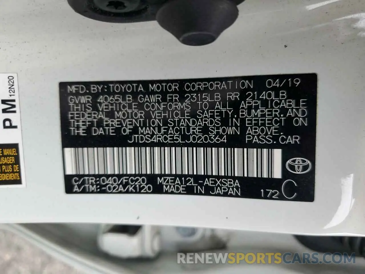 13 Photograph of a damaged car JTDS4RCE5LJ020364 TOYOTA COROLLA 2020