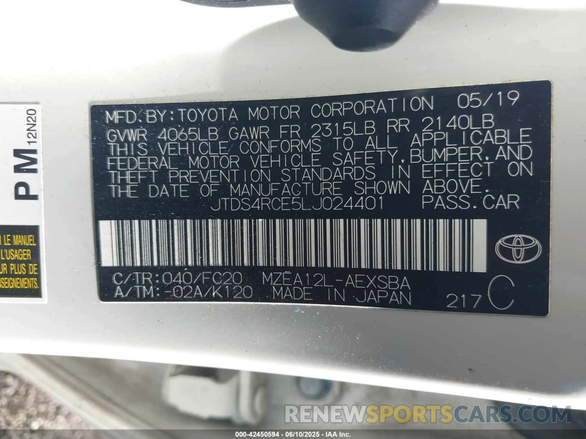 9 Photograph of a damaged car JTDS4RCE5LJ024401 TOYOTA COROLLA 2020
