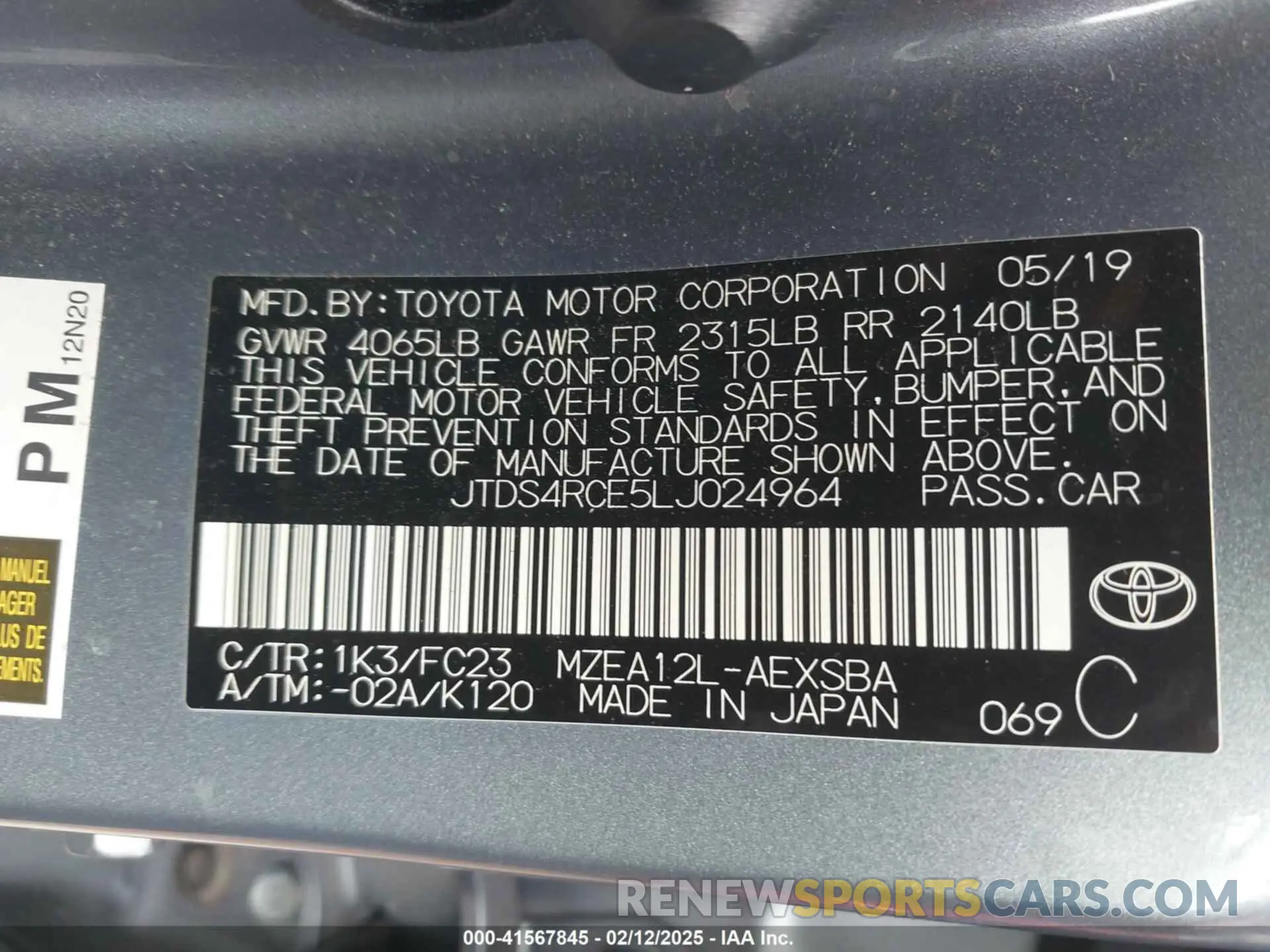 9 Photograph of a damaged car JTDS4RCE5LJ024964 TOYOTA COROLLA 2020