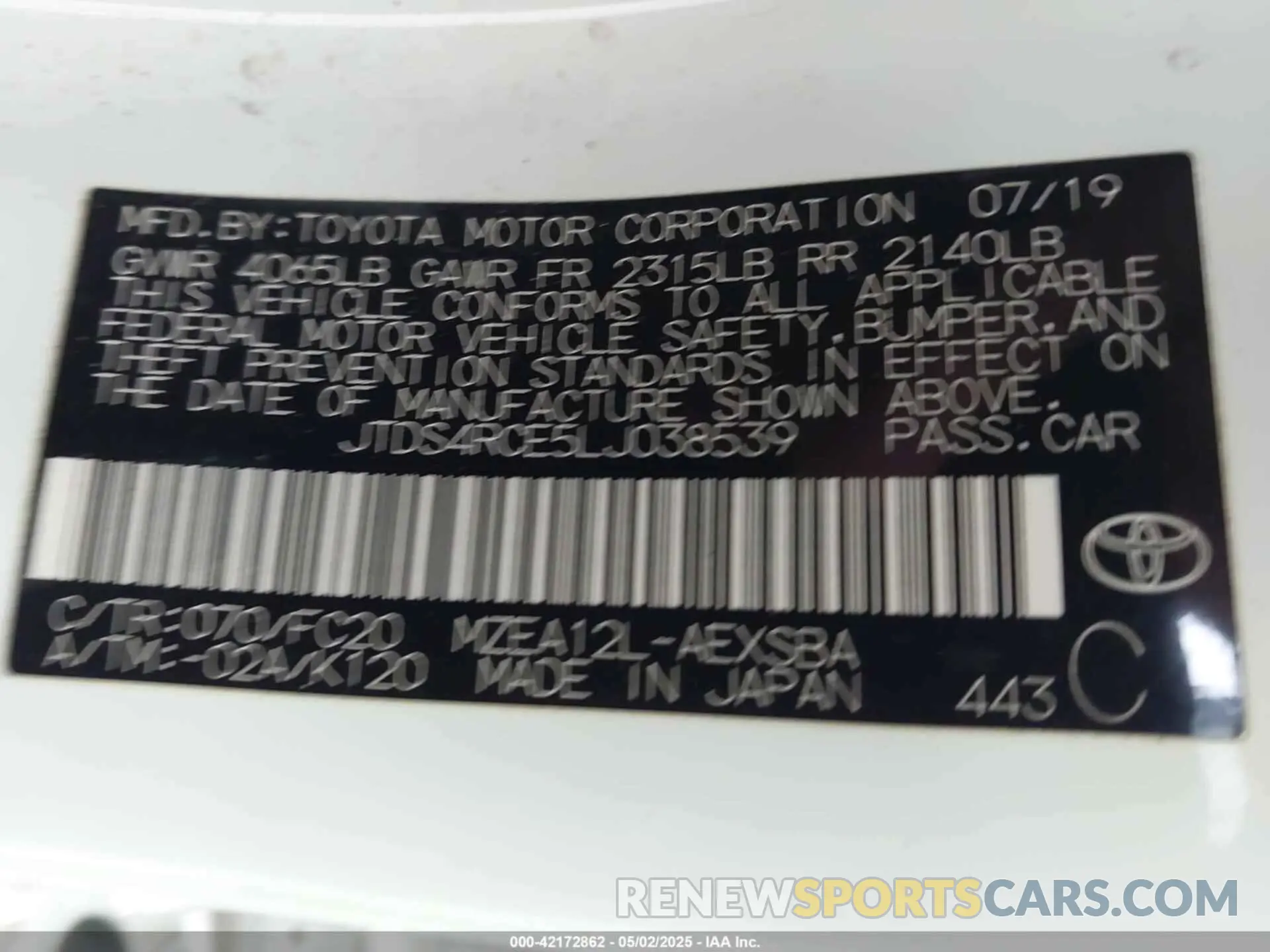 9 Photograph of a damaged car JTDS4RCE5LJ038539 TOYOTA COROLLA 2020